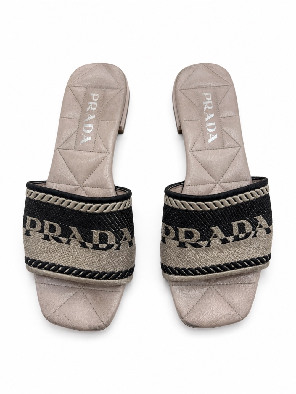 Prada Logo Raffia Slide Sandals Beige Black EU 37.5 Fits US 7–7.5